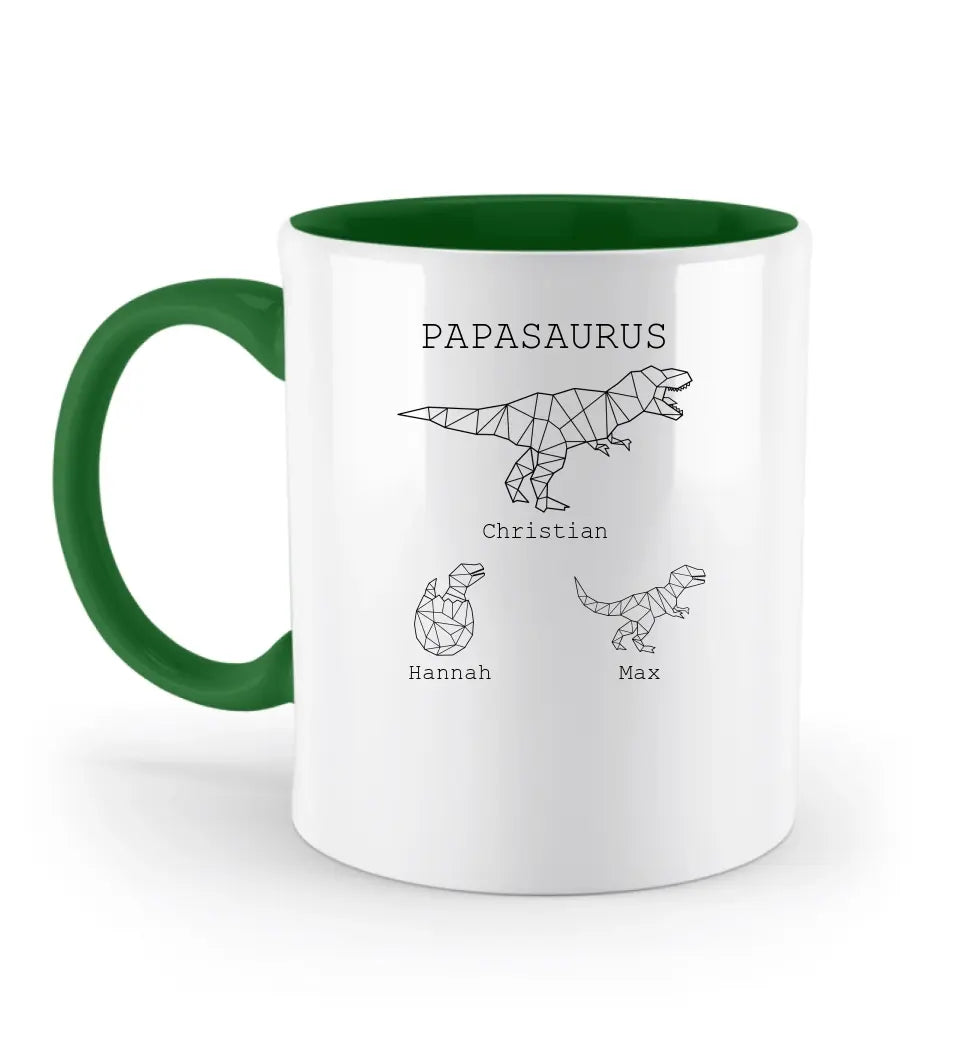 Papasaurus - Zweifarbige Tasse mit Namen