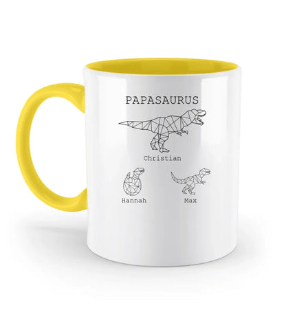 Papasaurus - Zweifarbige Tasse mit Namen